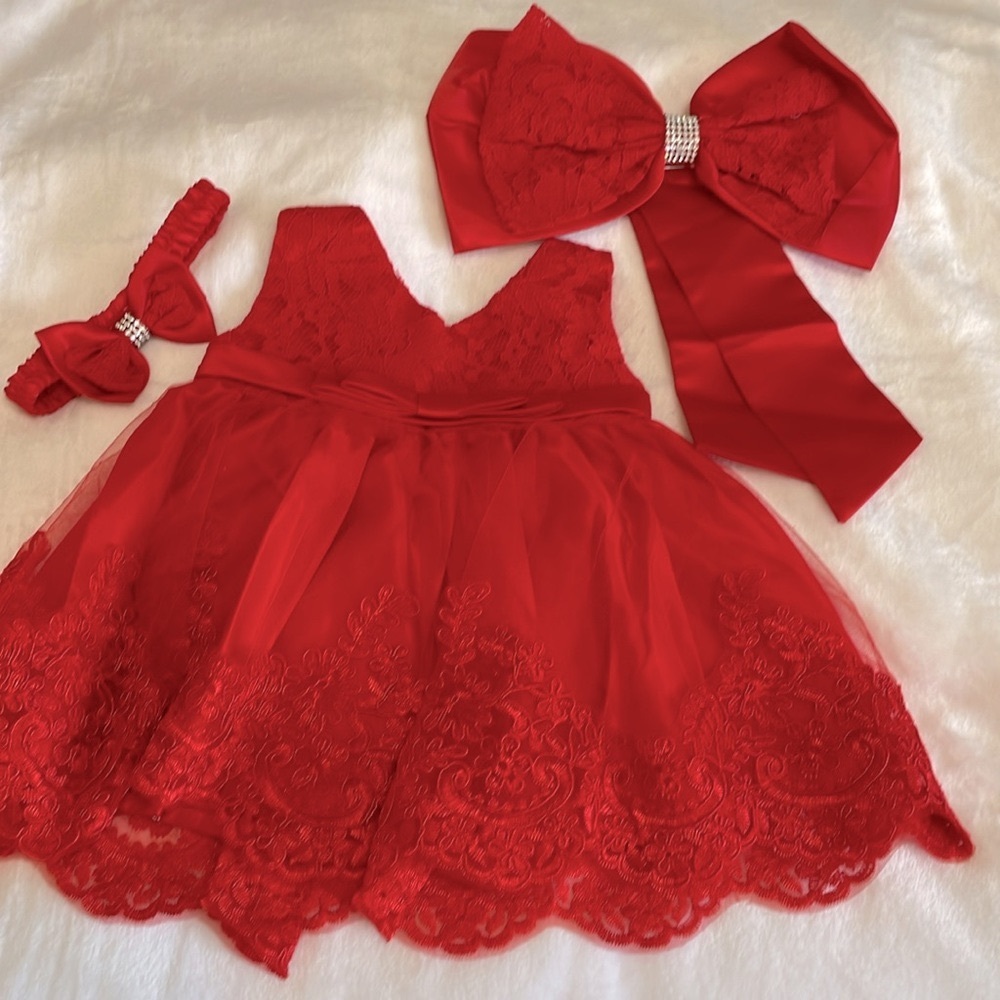 Beautiful Red Dress with lace & Bows, Size 3 Months - Picture 1 of 10